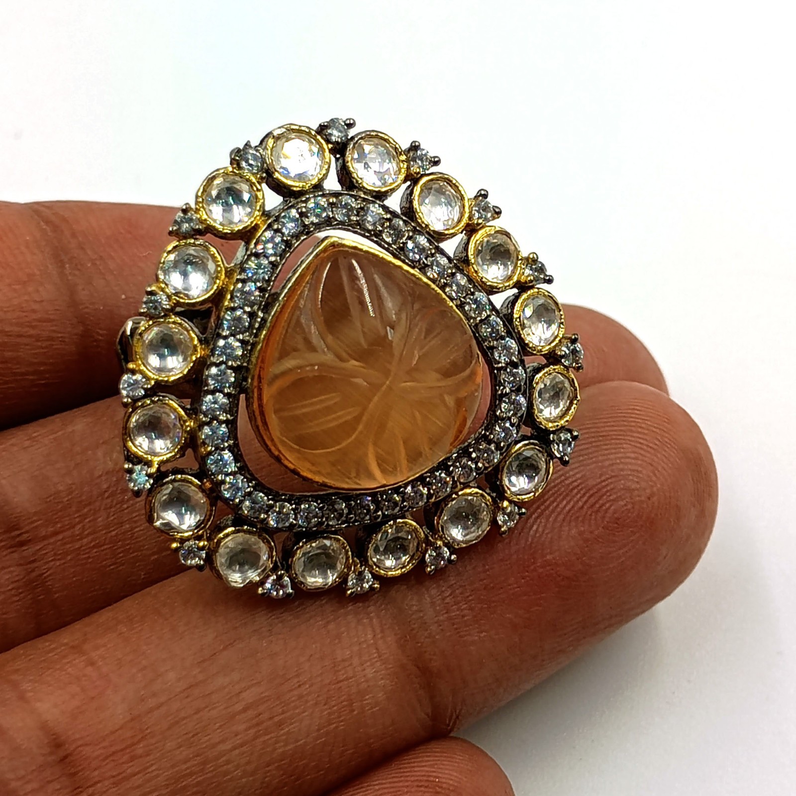 Artisan Rose Quartz Ring Cubic Zirconia Black Rhodium Plated Statement Jewelry