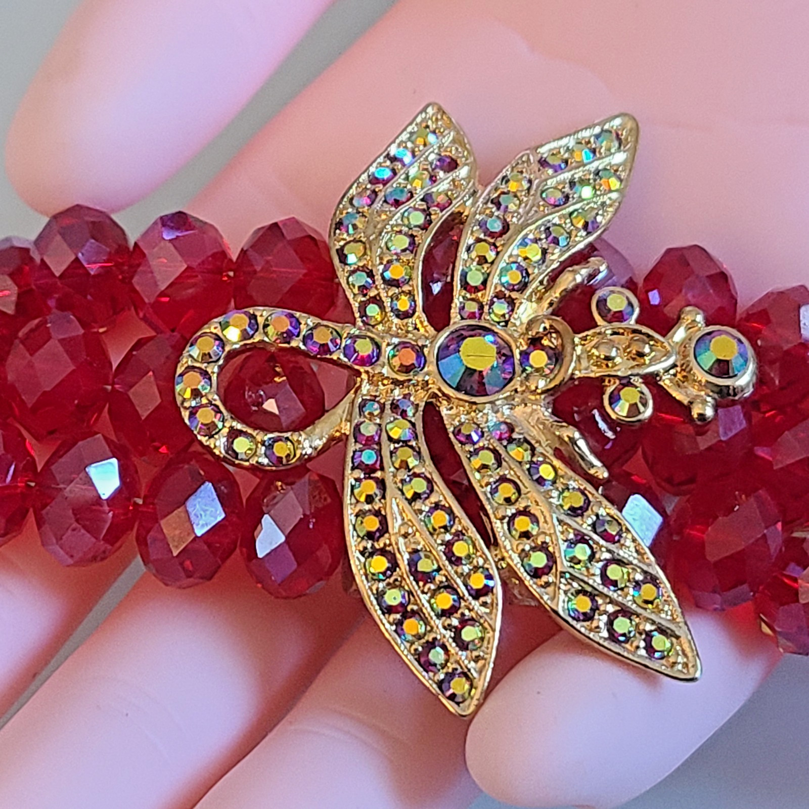SALE Kirks Folly Dragonfly Desire 3 Strand Crystal Bracelet RUBY RED 9 IN WOW