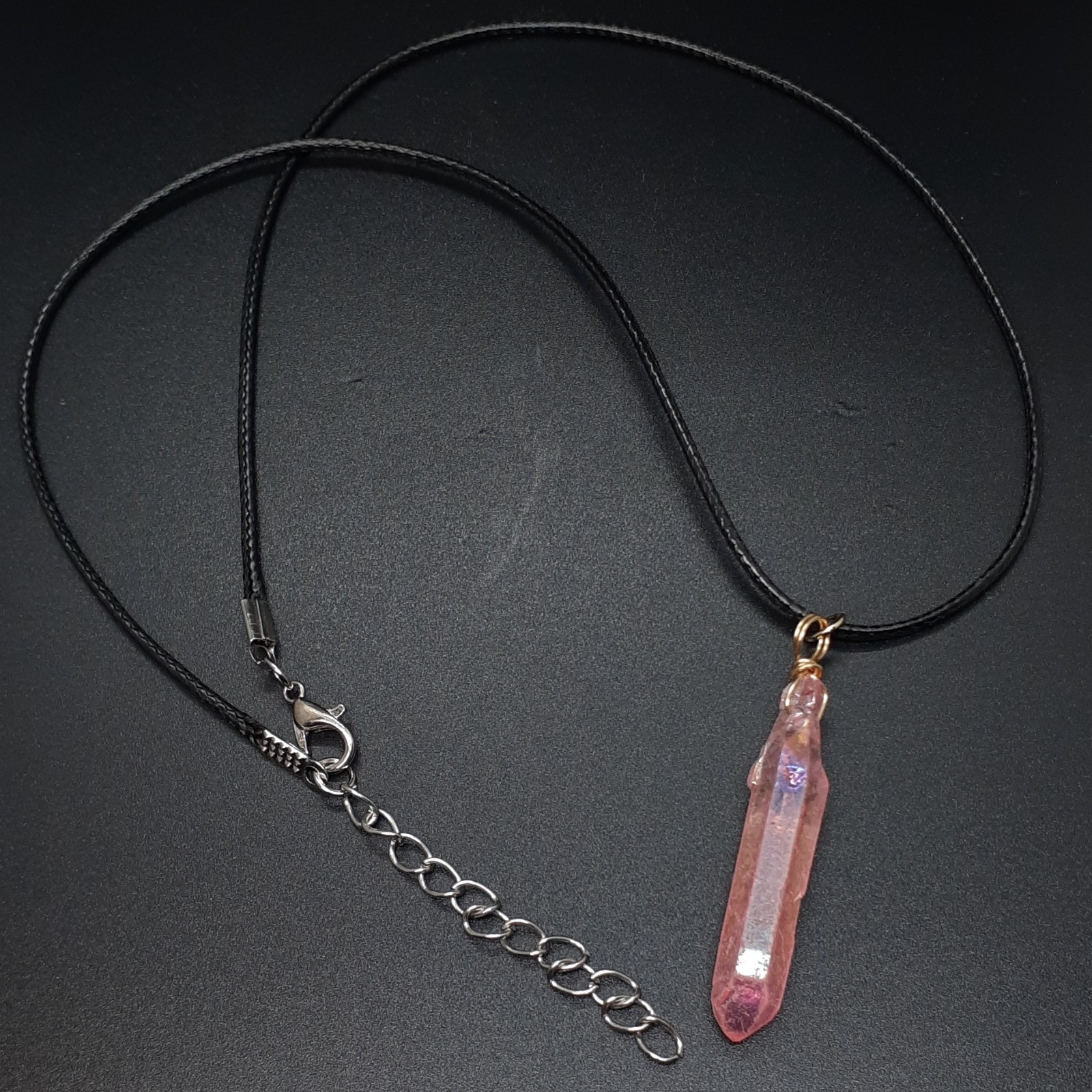 Pink Crystal Point Pendant Necklace Black Cord Adjustable Iridescence