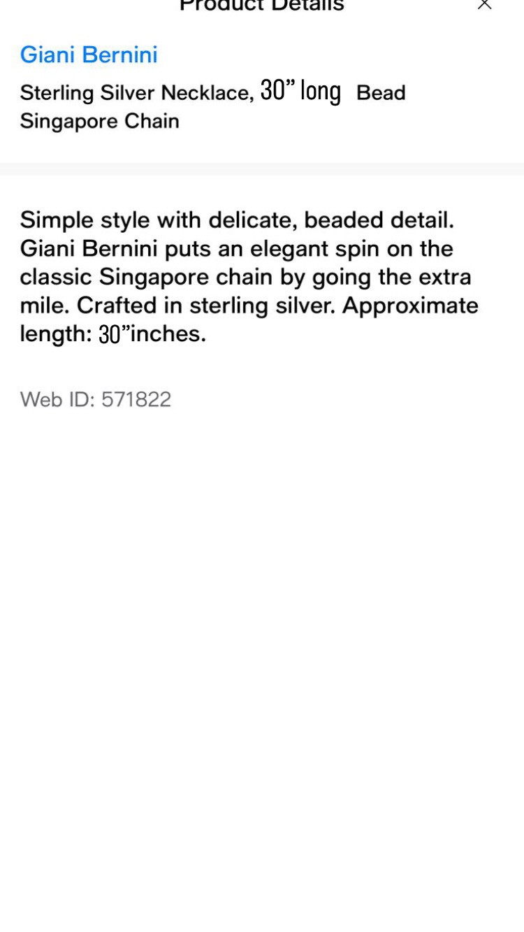 Sterling Silver Necklace 30” in Long