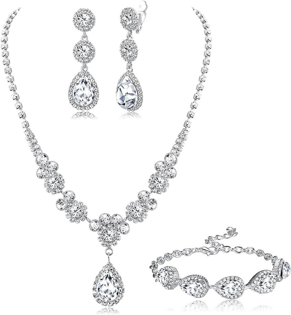 Rhinestone Bridal Jewelry Set Necklace Bracelet Clip On Earrings for Brides B…