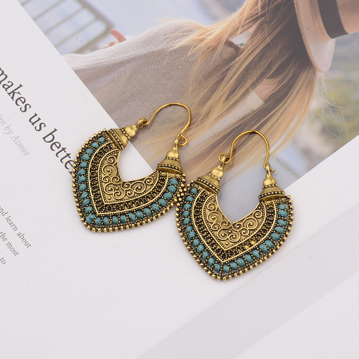 Retro Bohemian Boho Retro Heart Carved Ethnic Geometry Women Gold Stud Earrings