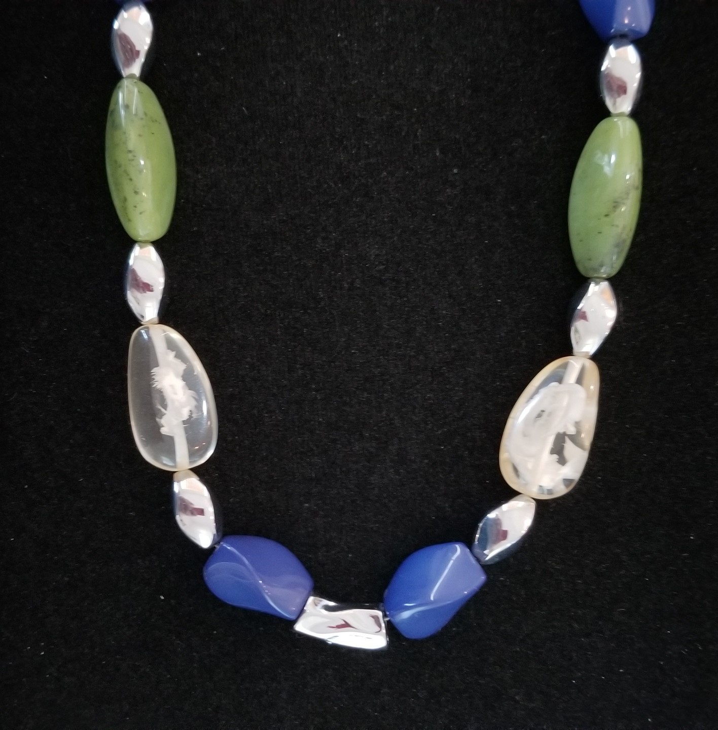 Chico’s Signed Blue Green Cream Silver Beaded Silver Tone Necklace