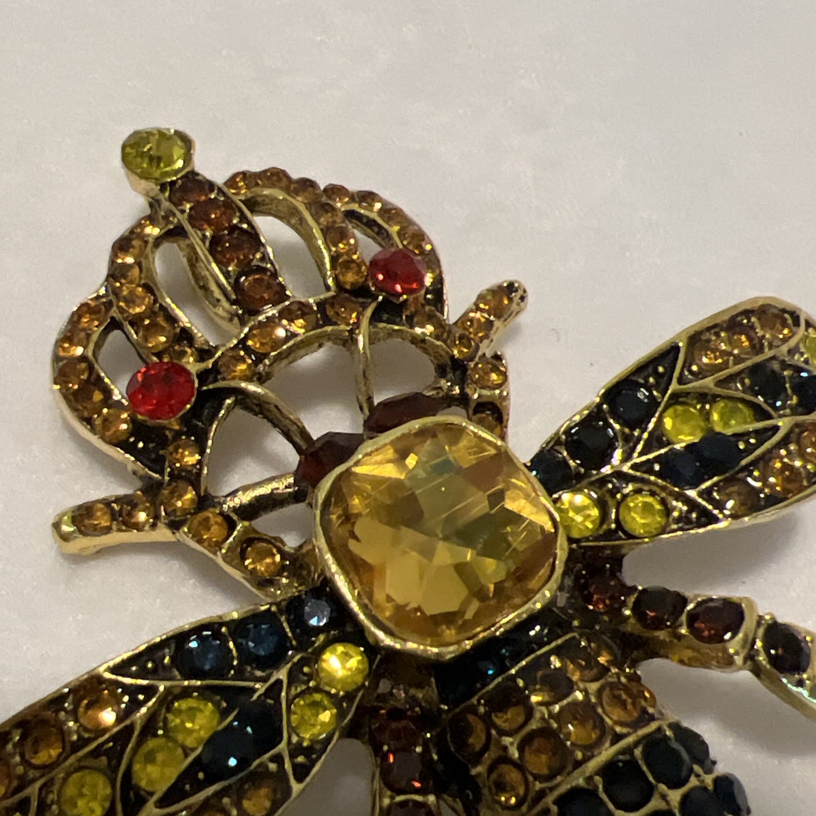 Queen Bee Brooch Crown Gold Tone Insect Pin Red Yellow Blue