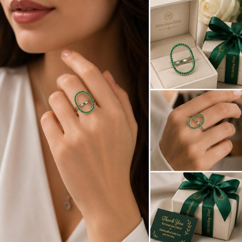3 in 1 Simulated Gemstone Ring 925 Sterling Silver Green Blue Pink Stack Ring