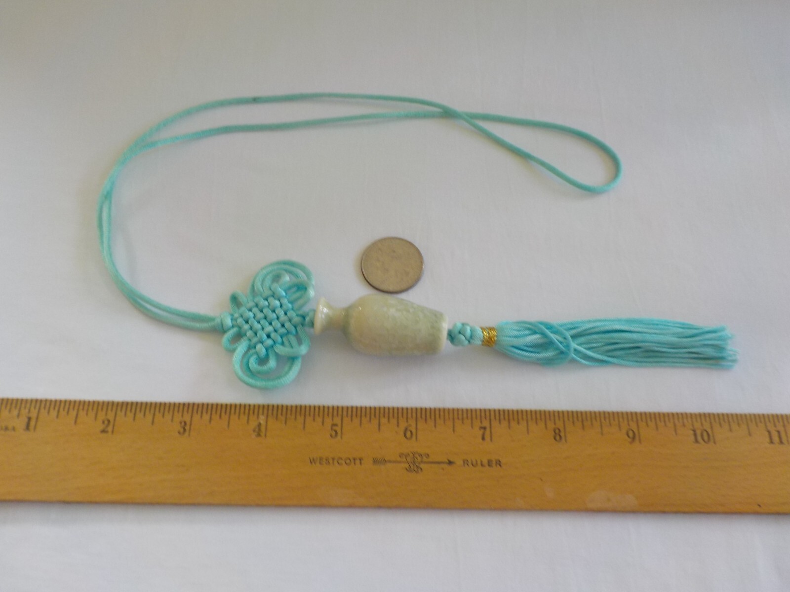 Vase Shape Asian Necklace Cord Woven Tassel Aqua Blue Light Green