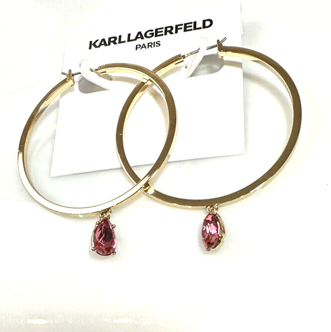 Karl Lagerfeld Paris Gold-Tone Pink Crystal Charm Hoop Earrings $45