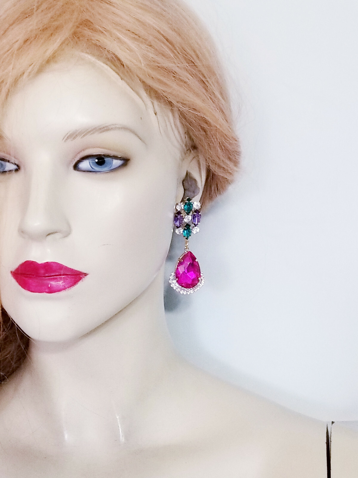 Chandelier Earrings Rhinestone Multi Color Pink Crystal 2.8 inch