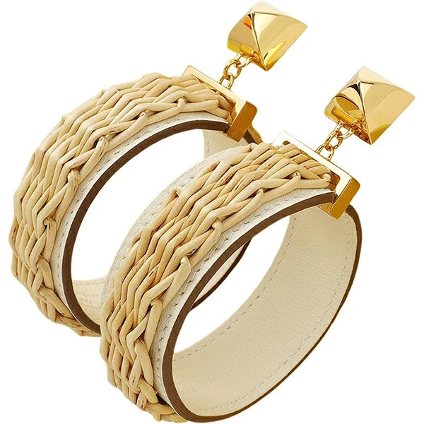 New Auth HERMES MEDOR PICNIC GM Pierced earrings Swift leather Rattan GP Women