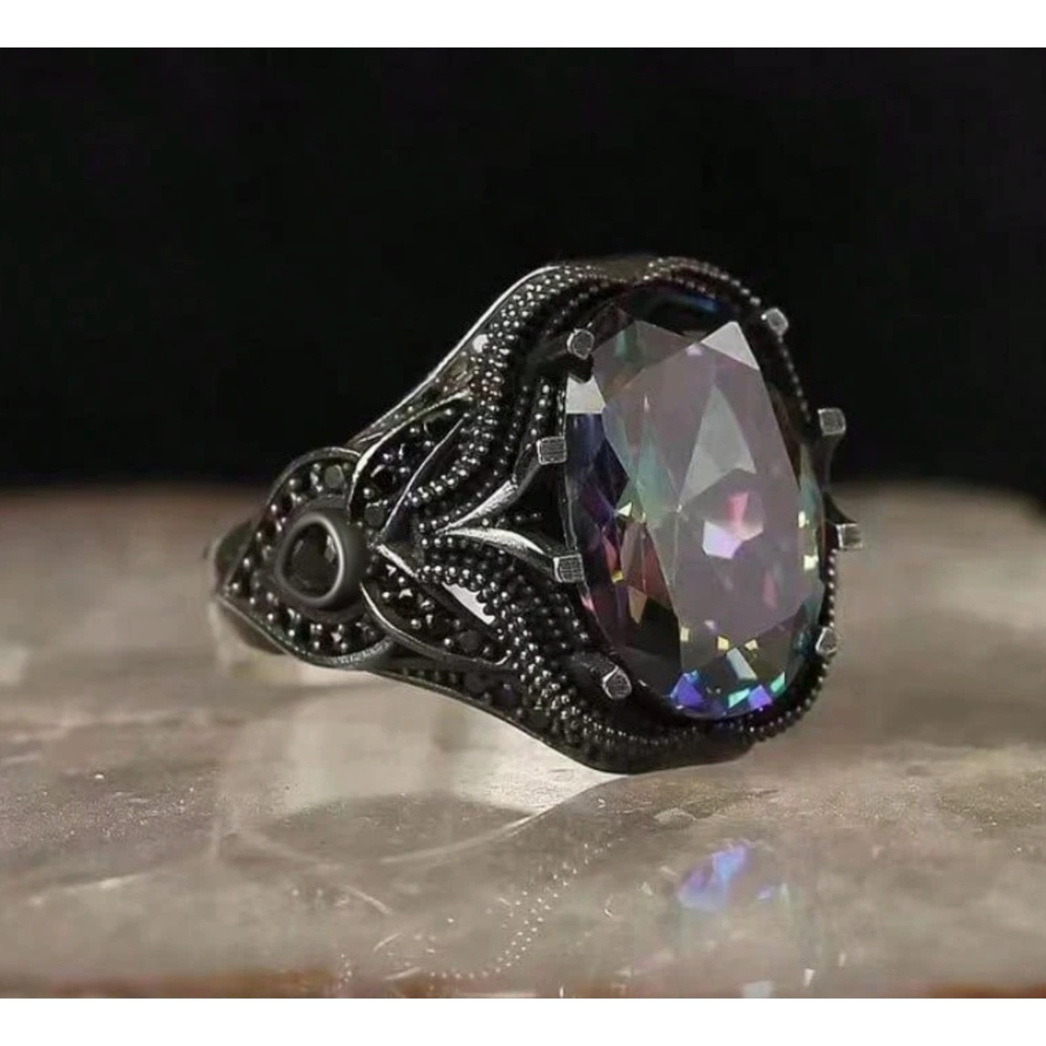 Mystic Topaz Black Alloy Gothic Filigree Cocktail Ring Size 6 Iridescent Stone