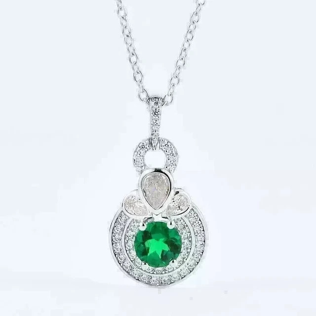 Women’s Beauty Pendant Chain Round Cut Simulated Emerald 14K White Gold Finish