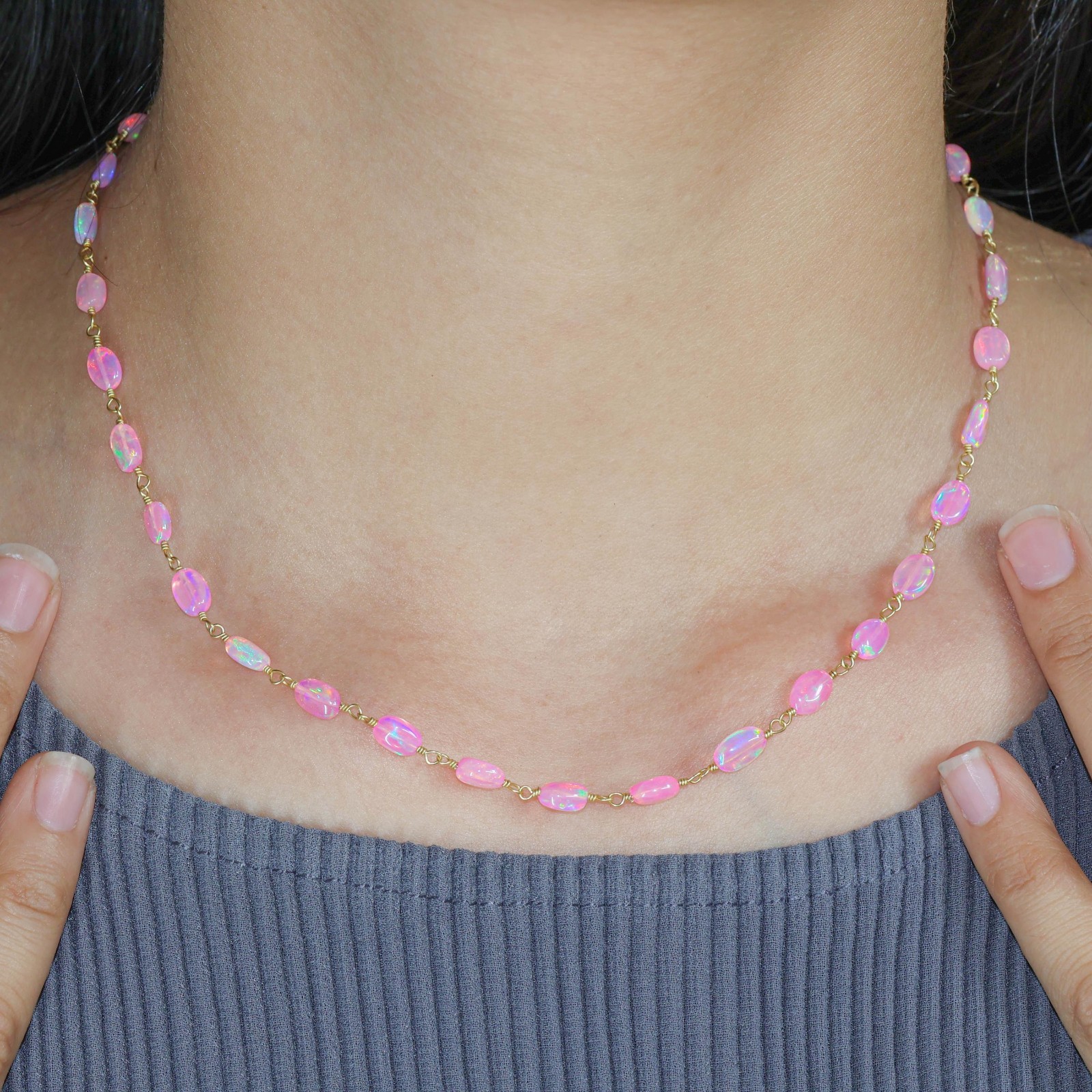 Genuine Pink Opal Tumble Beads Wire Wrap Necklace, Delicate Ethiopian Opal Beads
