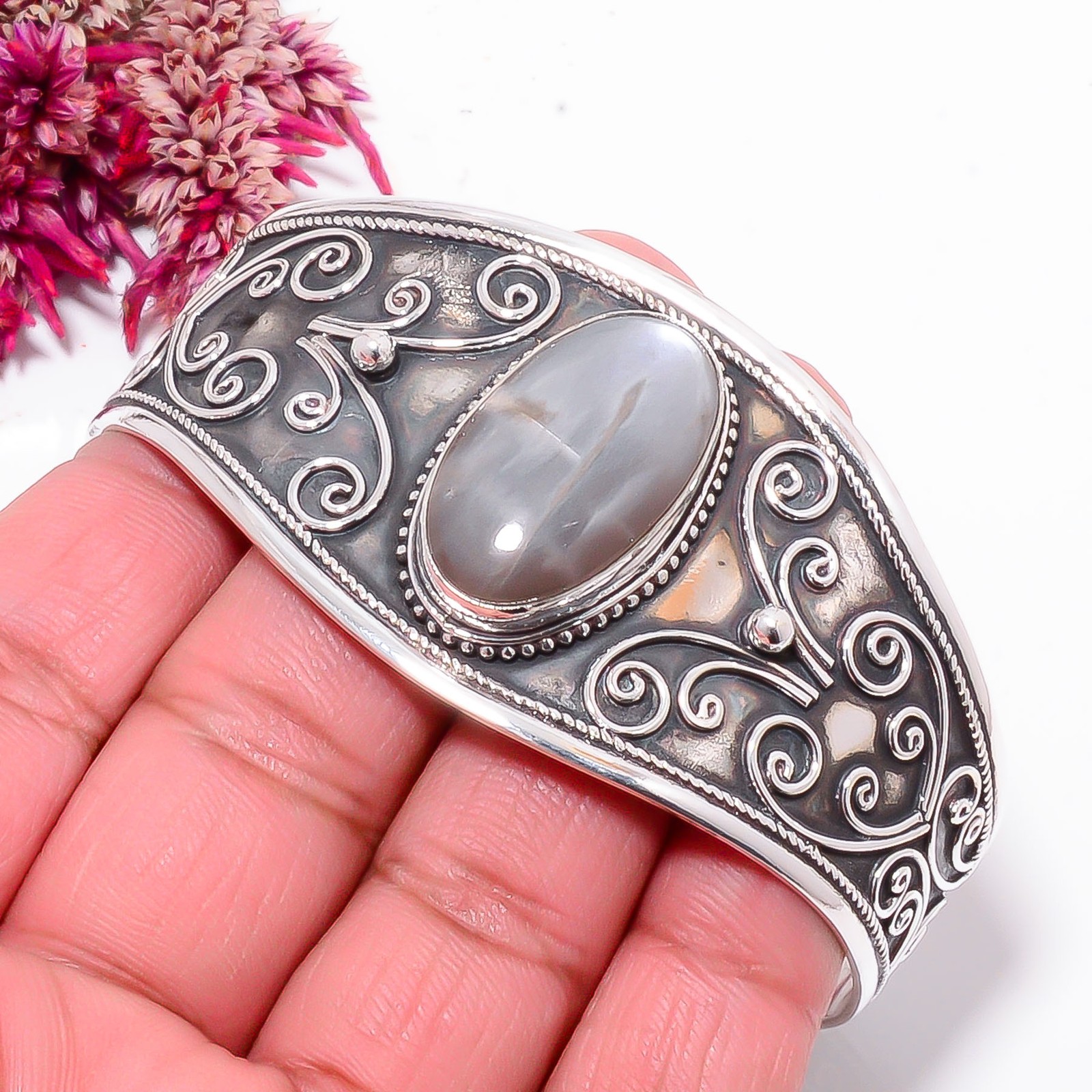 Gray Moonstone – Sri Lanka 925 Sterling Silver Bali Cuff|C968558736