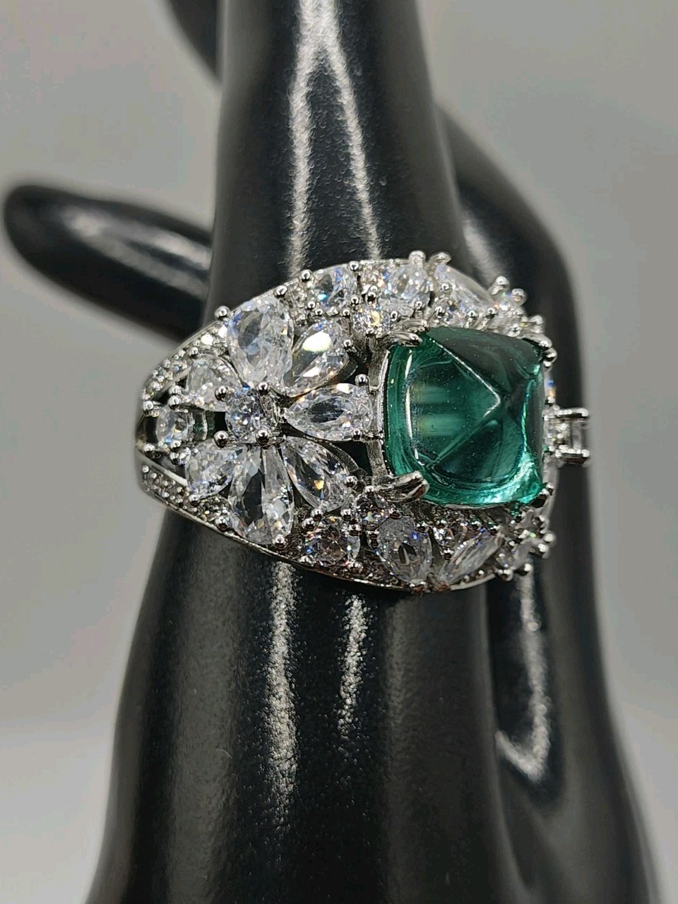Simulated Green Paraiba Tourmaline Flower Pear Cubic Zirconia Ring Size 10.5