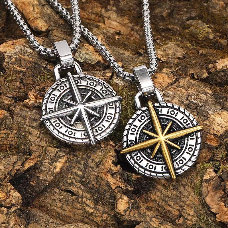 Mens North Star Compass Pendant Protection Necklace Biker Jewelry Box Chain 24″