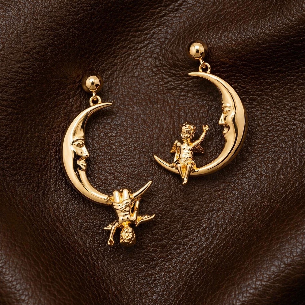 Hoop Moon Cherub Earrings Mismatch Anthro Style Angel Gold Face Boho Celestial