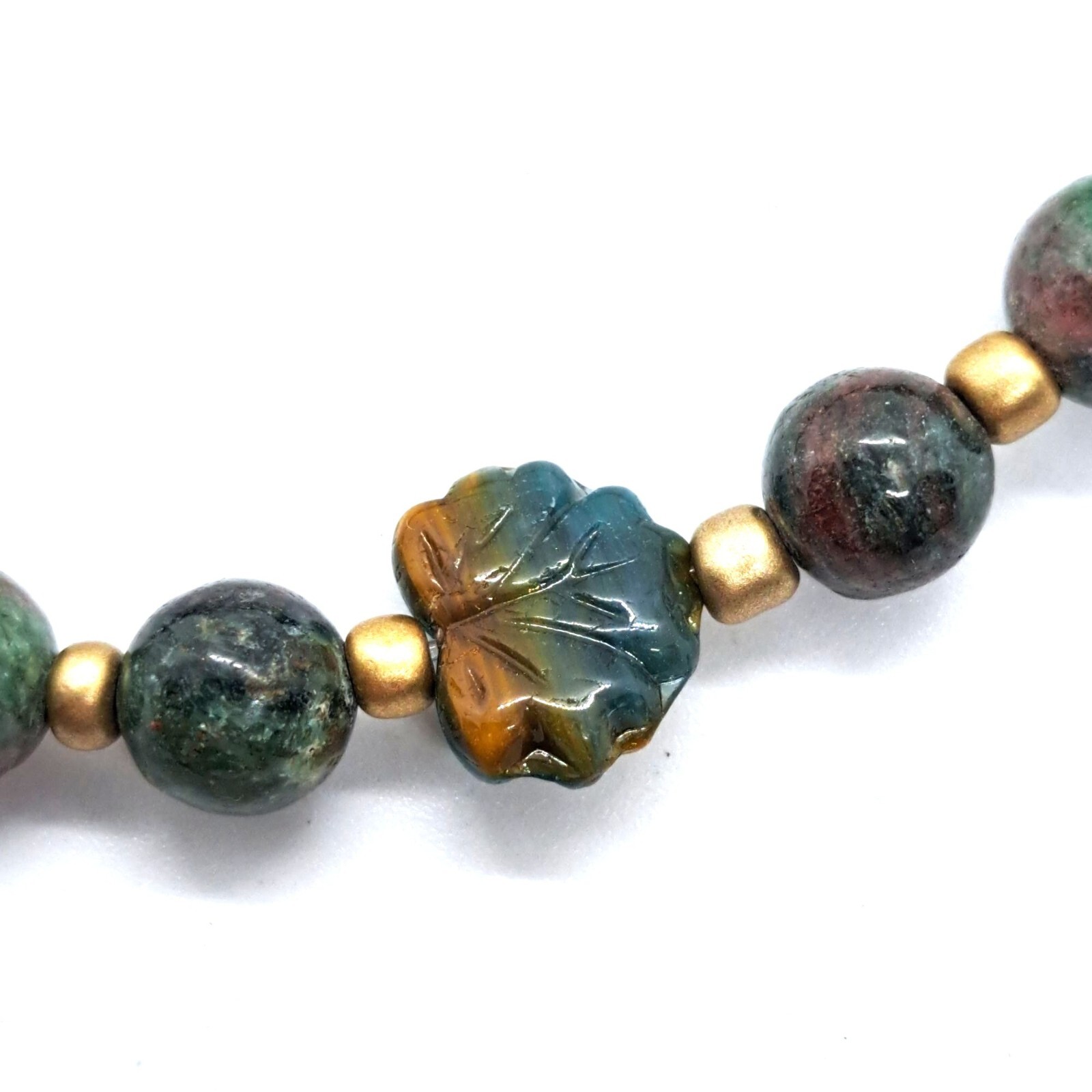 Handmade stretch bracelet NEW Czech glass, fancy jasper, gold tone spacers