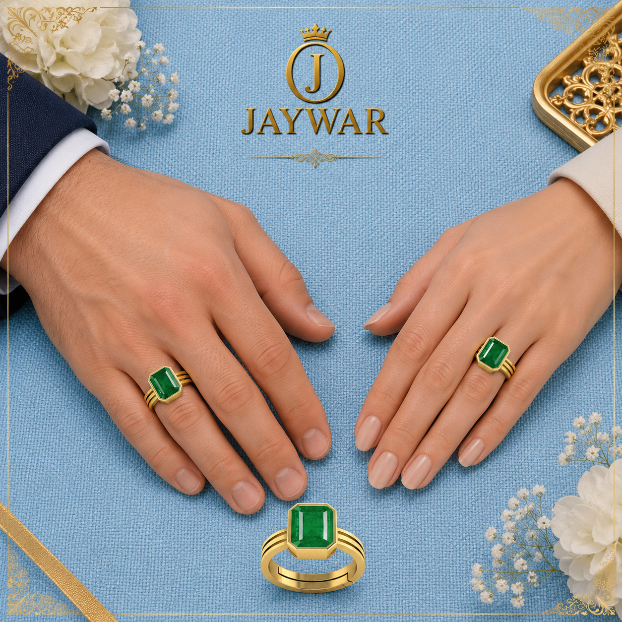 Jaywar Adjustable Emerald Ring Panchdhatu Gold Plated Unisex Men Women Gift
