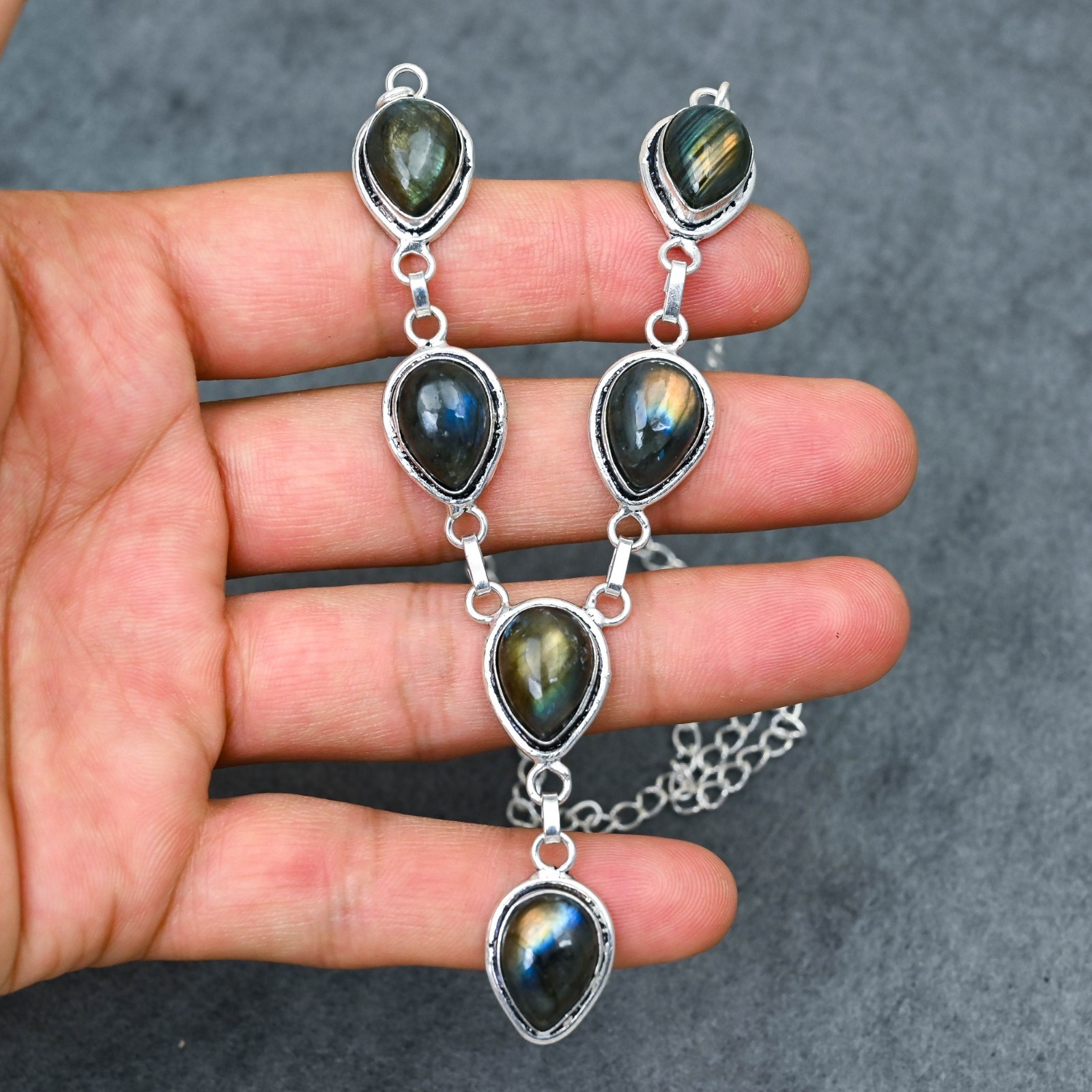 Silver Plated Labradorite Y-Necklace | Multi-Stone Milgrain Cabochon | Artisan