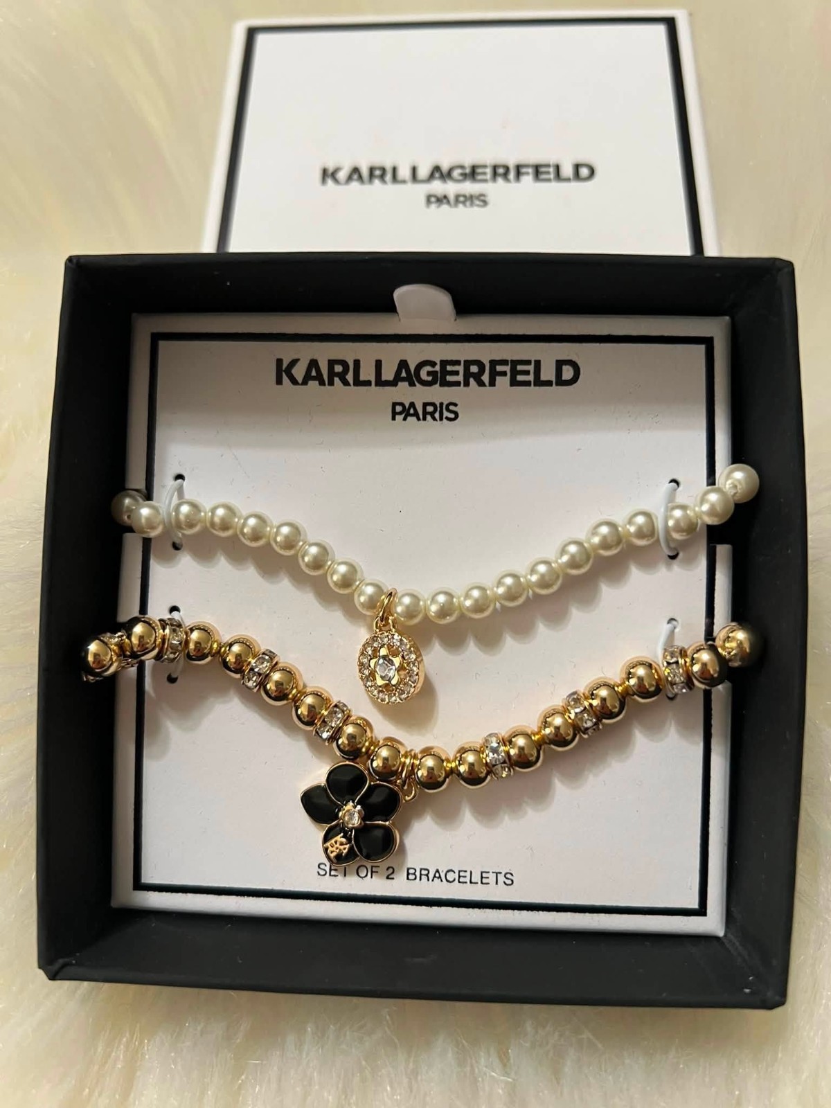 KARL LAGERFELD PARIS 2-Pc. Set Orchid Charm Beaded Stretch Bracelets – NIB