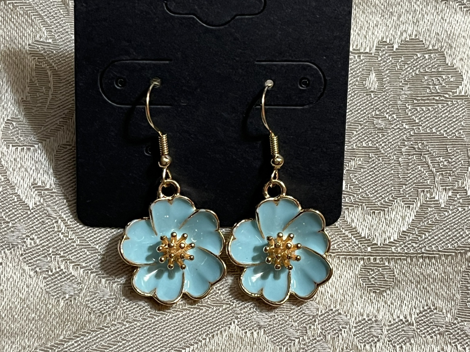 Vintage Blue Floral Enamel Gold Dangle Fashion Bohemian Casual Fun Earrings