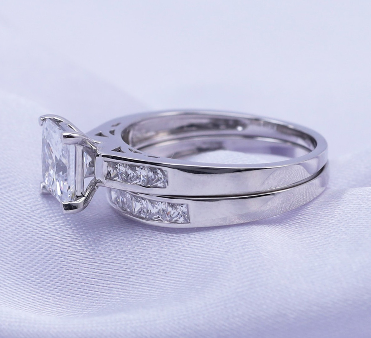 14k Gold Sterling Silver Princess Diamond Cut Engagement Ring Wedding Set