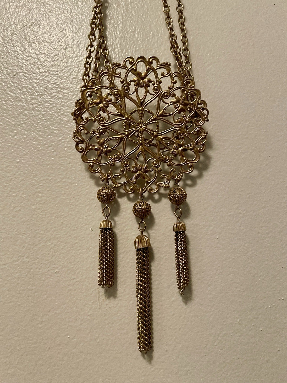 Unique Gold Tone Filigree Medallion Pendant Necklace w Tassel Fringe Boho 24”