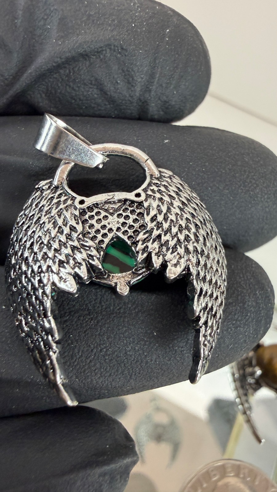 Angel Wing Malachite Style Pendant | Silver Tone Gothic Fantasy Jewelry