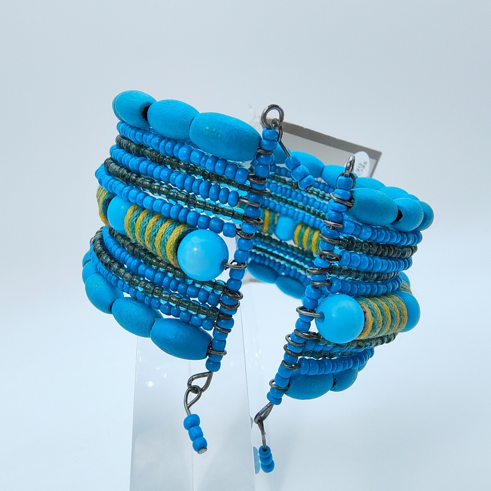 Boho Wood Bead Wire Cuff Bracelet Turquoise Color Southwestern Boho Style