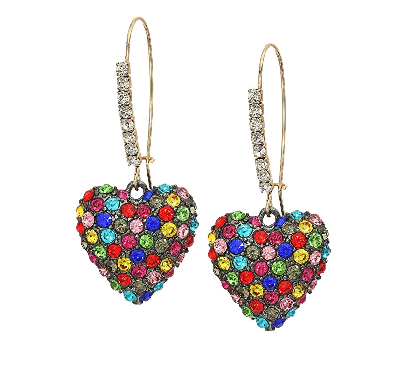 Betsey Johnson Stone Heart Dangle Earrings Rainbow Pave Stones Crystal Accents