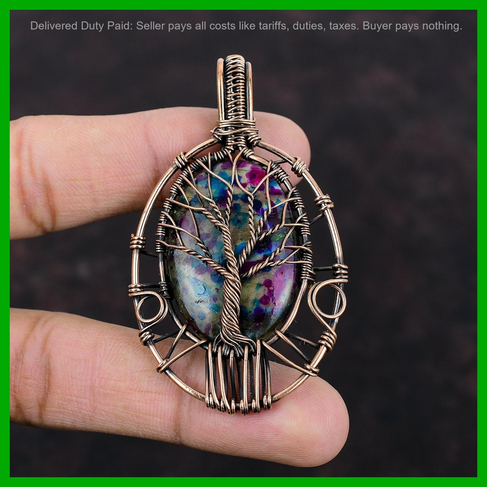 Multi Fire Labradorite Stone Copper New Wire Wrapped Tree Of Life Mother Pendant