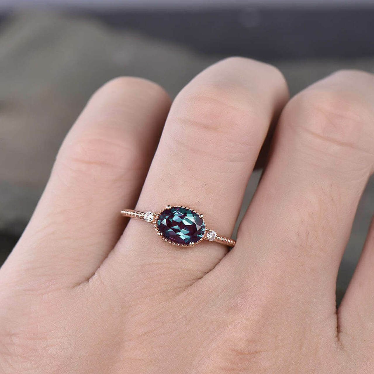 2Ct Oval Cut Simulated Alexandrite Engagement Ring 14K Rose Gold Plated