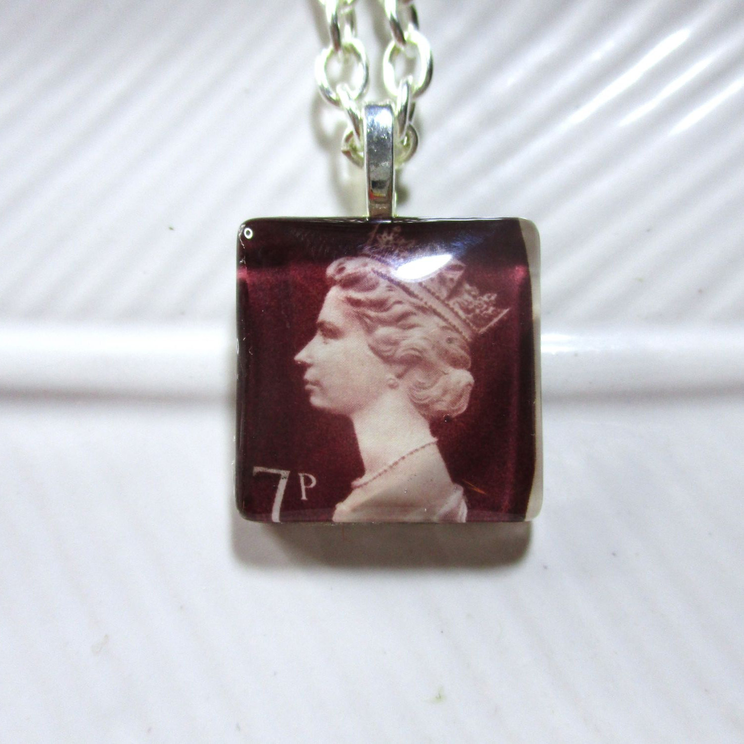 Handmade Authentic Postmarked Queen Elizabeth Postage Stamp Glass Tile Necklace
