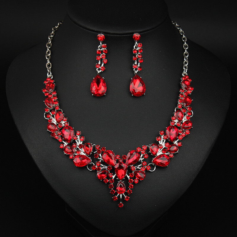 Crystal Gem Necklace Earrings Bridal Jewelry Set Statement Christmas Party Gift