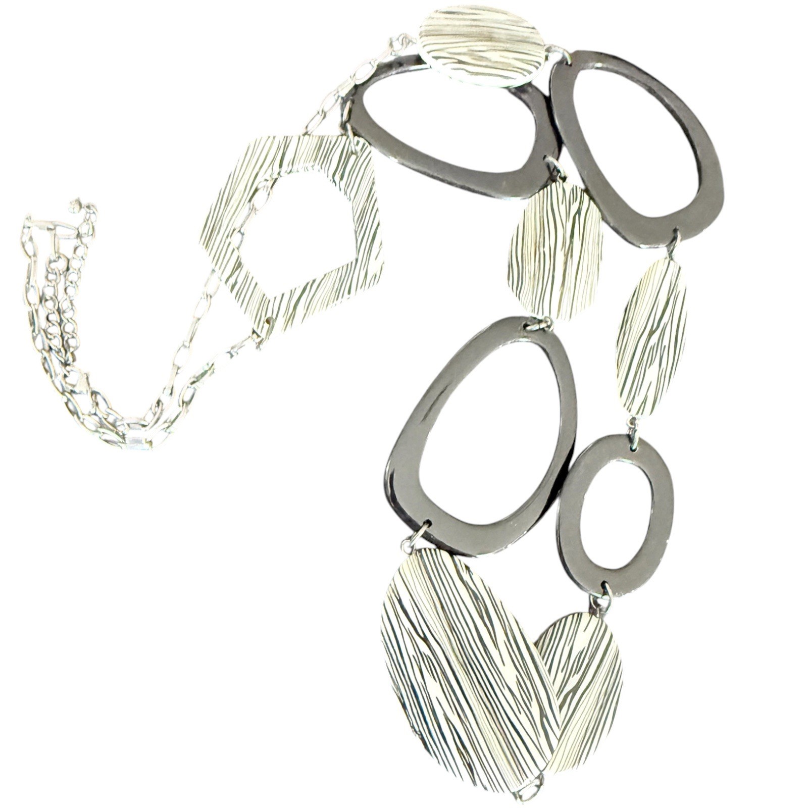 Chico’s Geometric Abstract Link Statement Necklace Silver Tone Black White Resin