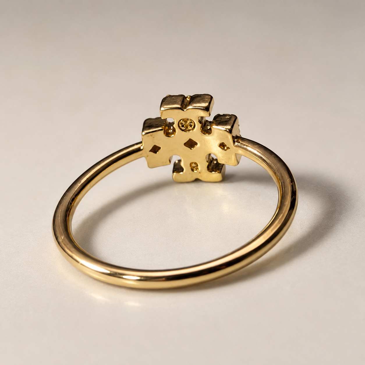 Tory Burch 18k Gold Crystal Double T Logo Icon Ring Dainty Logo Band NEW 7
