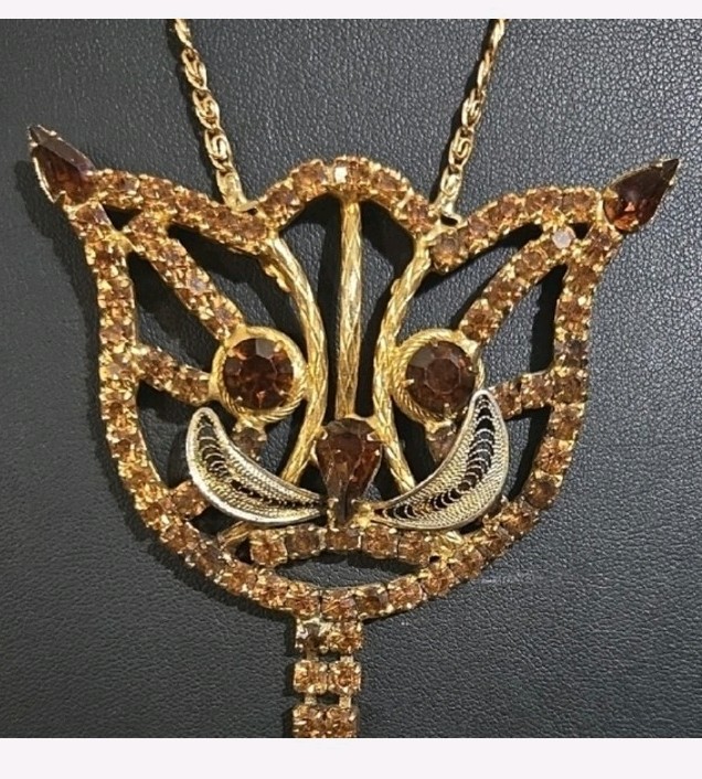 Rare Vintage Unsigned Alice Caviness Amber Toned Rhinestone Cat Necklace