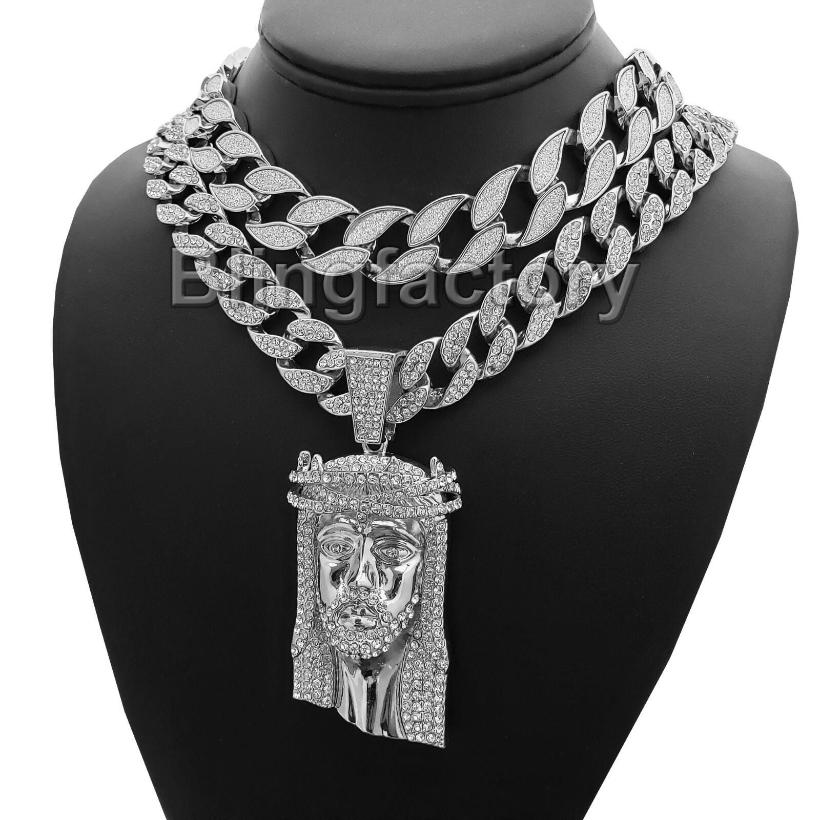 Hip Hop Large Jesus Head & 20″ Full Iced & Glittered Cuban Choker Chain Necklace