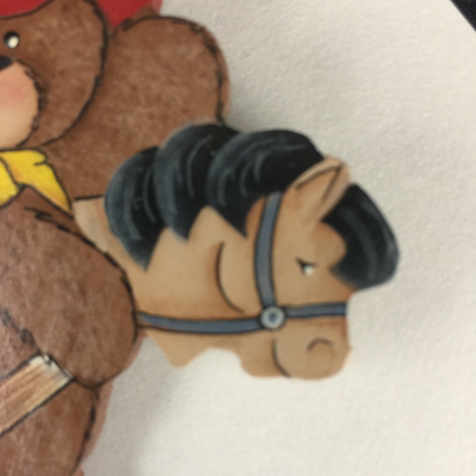 Brooch Cowboy Teddy Bear on Horse Pin Wooden Hand Painted Locking Bar Back VTG