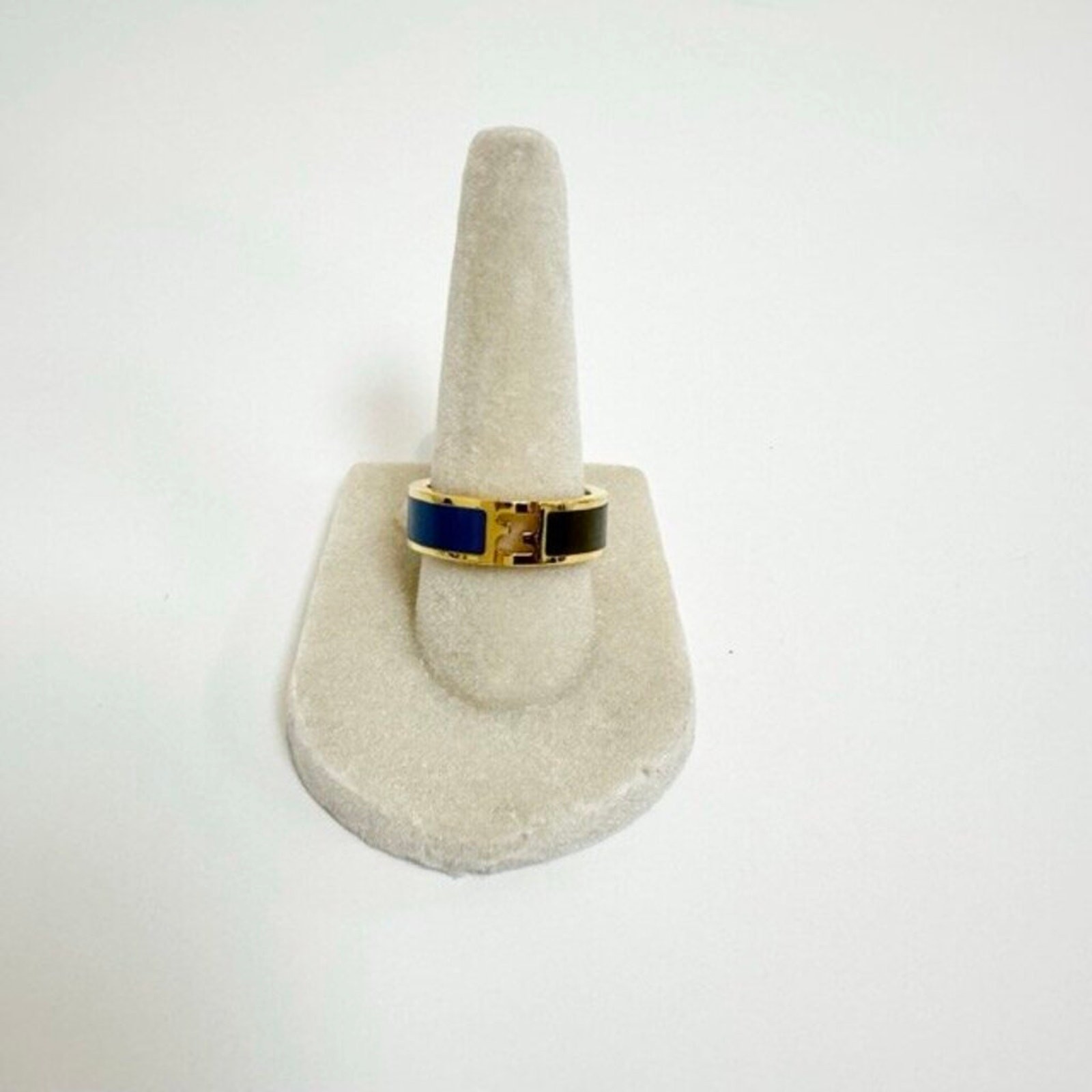 FENDI Fendista Bi-Color Blue and Brown Enamel Gold Ring M FF Logo Jewelry Italy