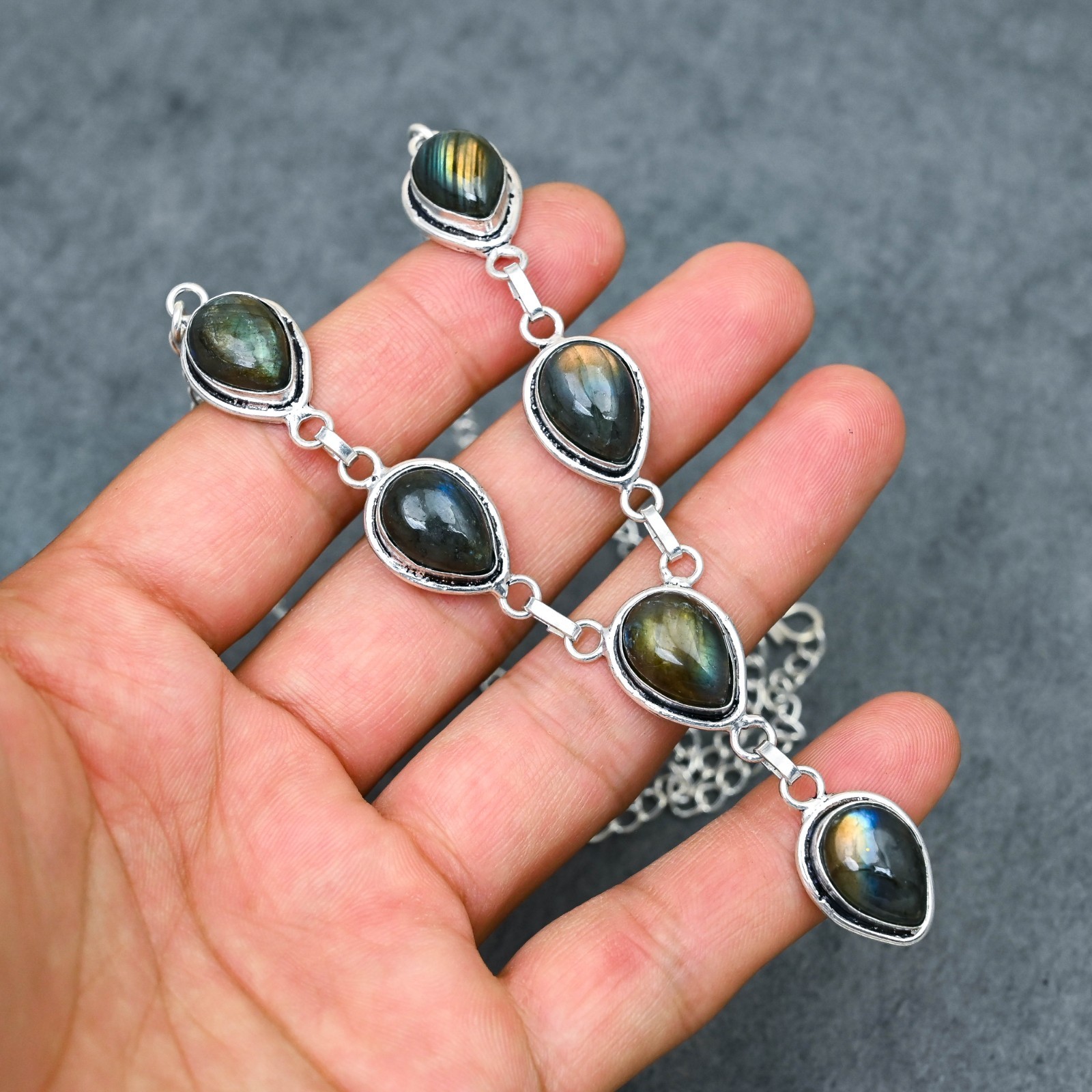 Silver Plated Labradorite Y-Necklace | Multi-Stone Milgrain Cabochon | Artisan