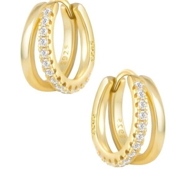Everyday Huggie Earrings Double Huggies Gold CZ Pave Dainty Small Gold Hoops