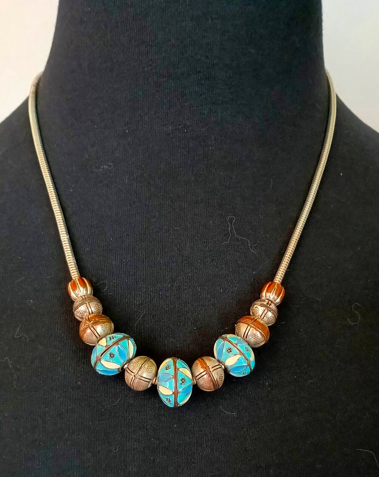 Vintage Fashion Necklace Pretty Enameled Metal Beads on a Silver Tone Chain