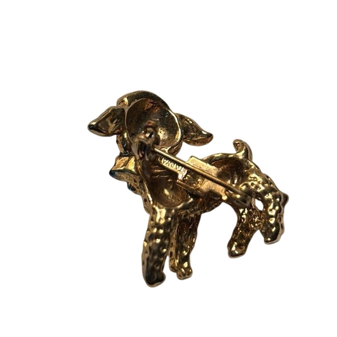 Vintage Taiwan Gold Tone Lamb Brooch Red Rhinestone Eyes Blue Bow