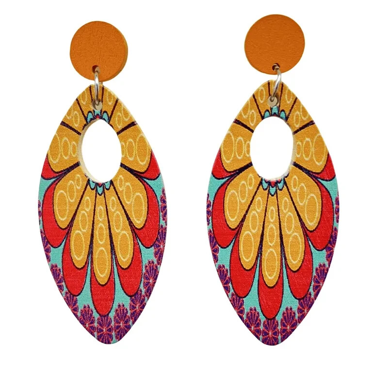 Wood Stud Earrings Yellow Orange Sun Flower Design BOHO Beach Earrings