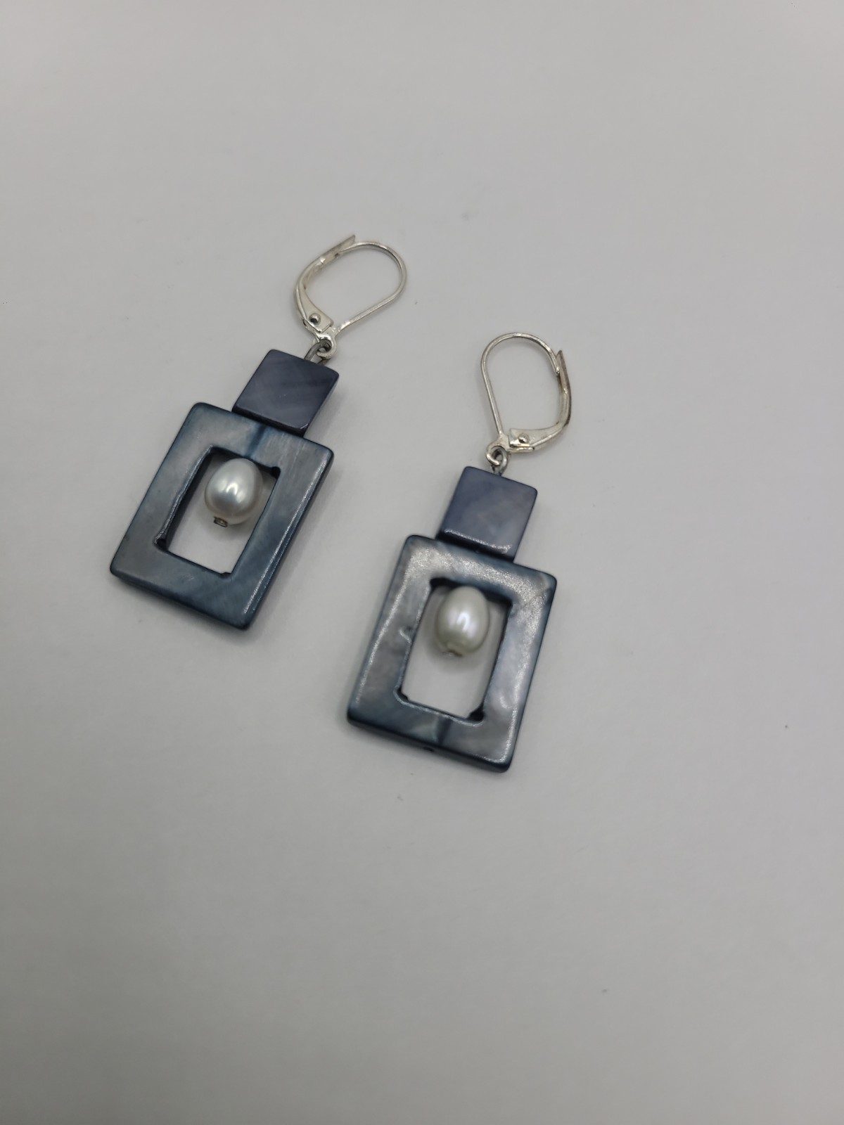 Geometric Gray Blue White Dangle Earrings Silver Tone Rectangle Drop Earrings