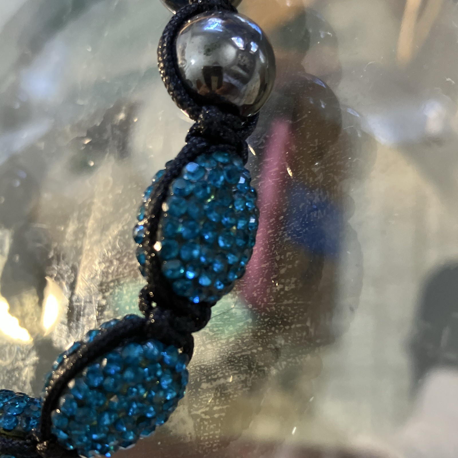 Blue Crystal Pave Beaded Adjustable Cord Bracelet – Slide Closure, Black