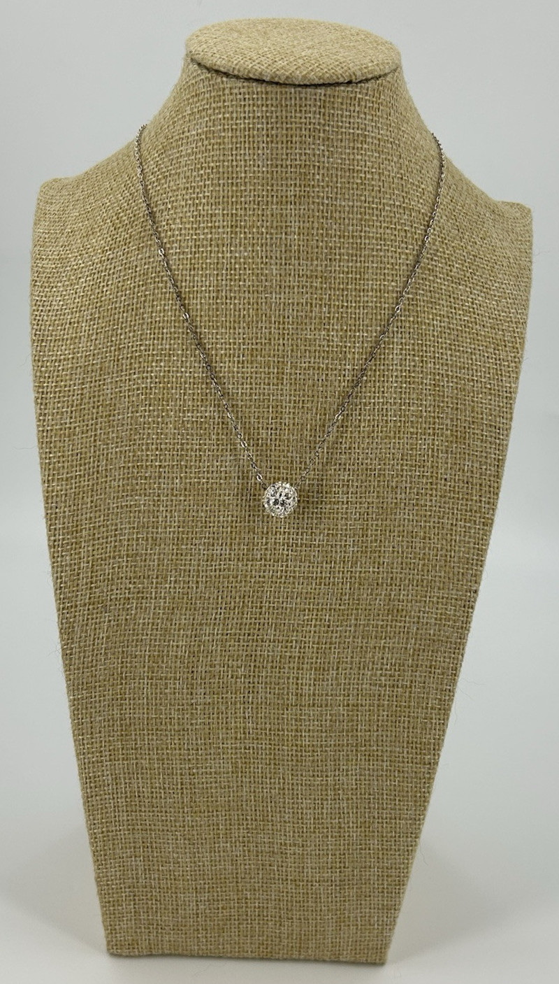 Rhinestone Crystal Ball Pendant Silver Tone Chain Necklace Womens 16-19 Inch