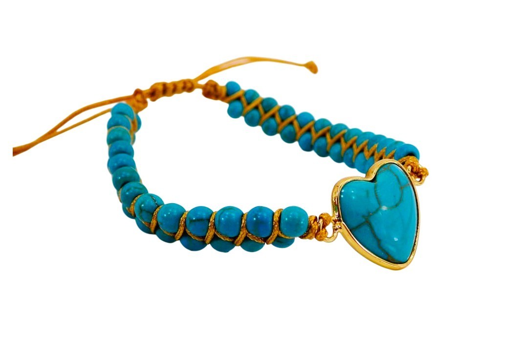 Turquoise stone heart bracelet with all round stones brown cord adjustable New