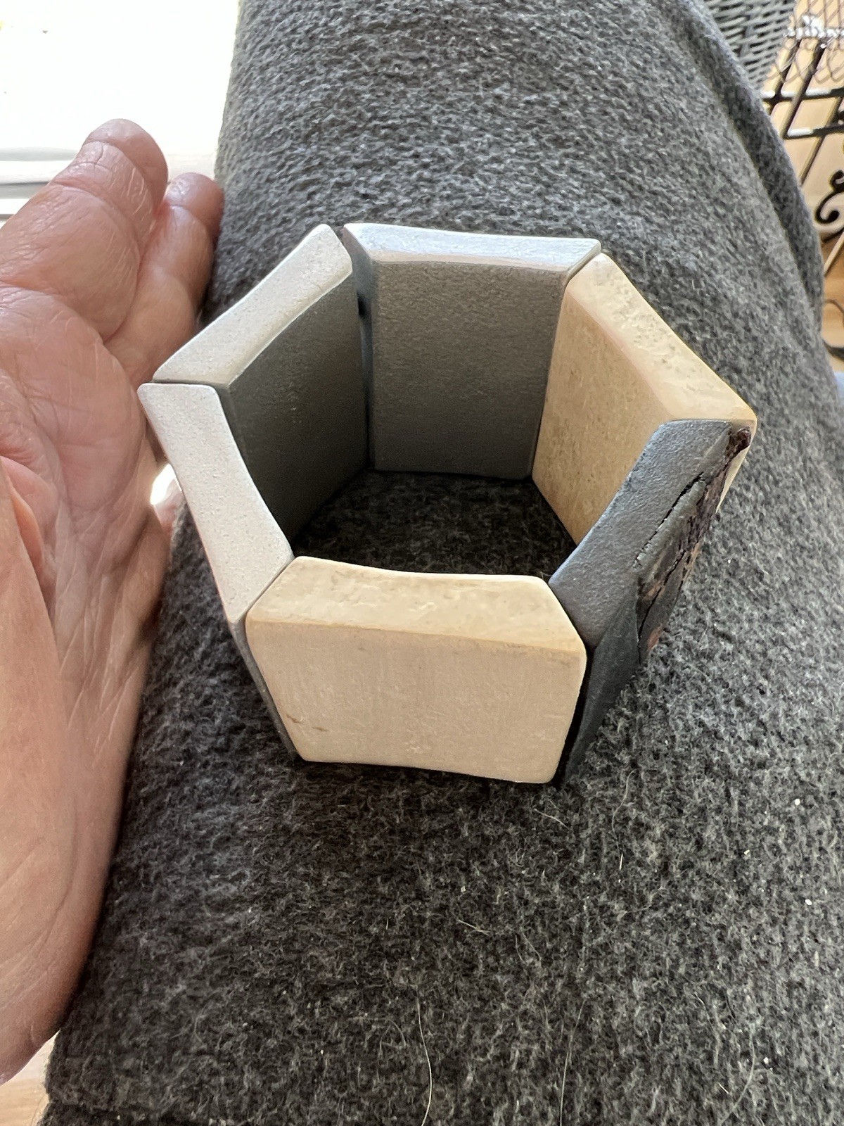 Chunky Cream, Silver, And Wood Tone Statement, Cuff Bracelet